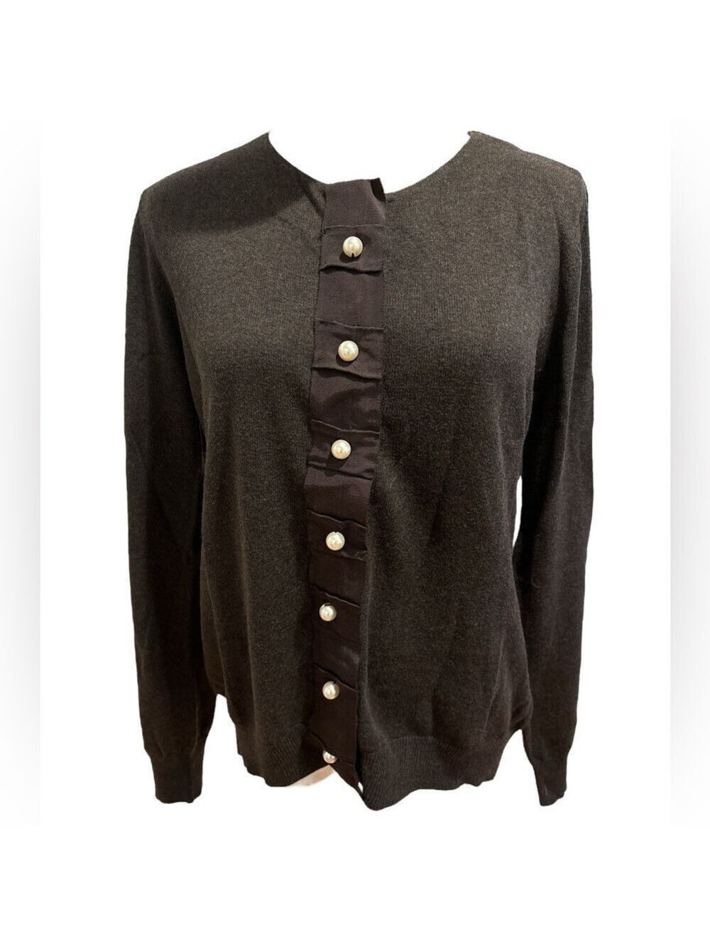 FOXCROFT BROWN CARDIGAN SWEATER RIBBON RUFFLE & PEARL ACCENTS W SNAP CLOSURES M